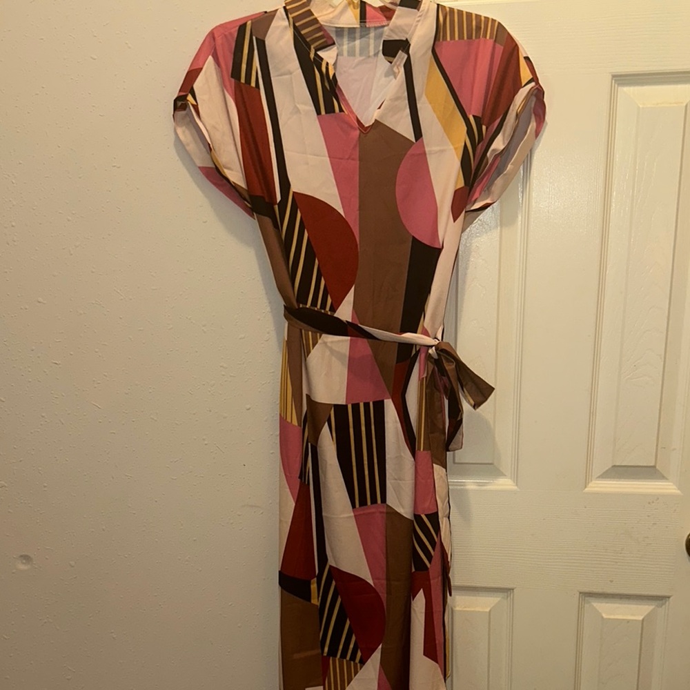 SHEIN Pink and Red Midi Wrap Dress with V-Neck